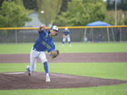 Jayden Rippelmeyer delievers a pitch in Mountain View's 4-2 loss to Silas of Tacoma in a 3A bi-district baseball playoff game at Unin HIgh School on Saturday, May 8, 2022.