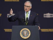 Washington Gov. Jay Inslee speaks Friday, April 22, 2022, at an event with President Joe Biden at Green River College in Auburn, Wash., south of Seattle. (AP Photo/Ted S.