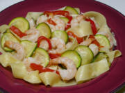 Paparedelle with shrimp, zucchini and sweet peppers.