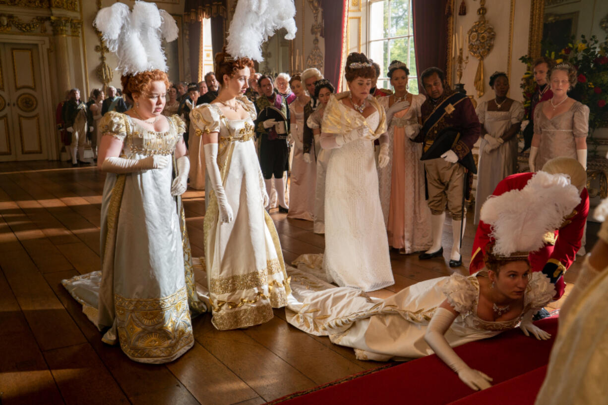 From left, Nicola Coughlan, Harriet Cains, Bessie Carter and Polly Walker in a scene from ???Bridgerton.???