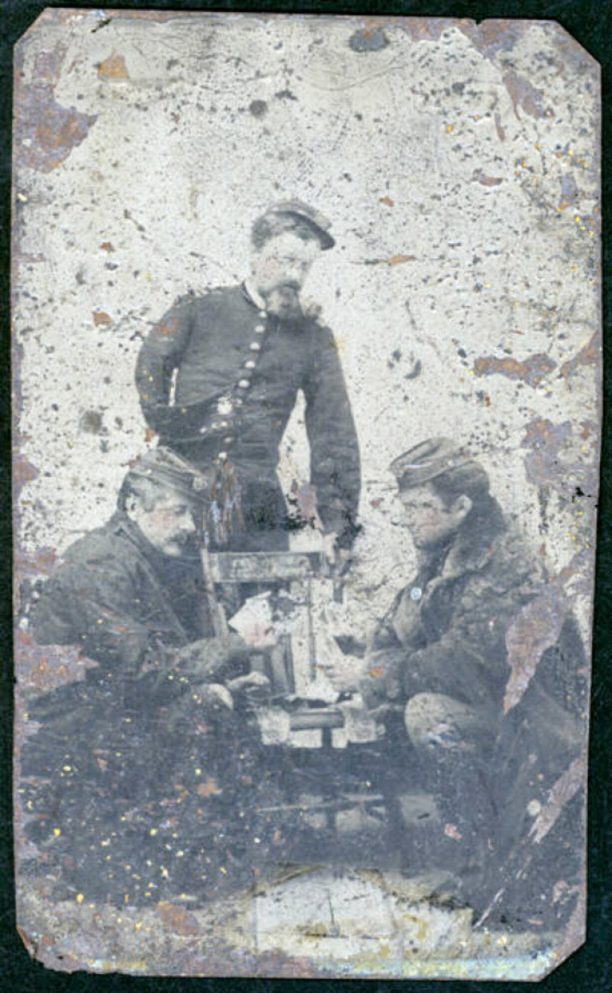 In this undated photograph, Gen. Oliver Otis Howard (1832-1909) looks down at Capt. Adams, left and Lt. Geoghegan. Howard lost his right arm in 1862 at the Battle of Seven Pines. Congress awarded him the Medal of Honor for his heroic service during the battle. He was in command of the Department of Columbia, covering the state of Oregon, the Washington Territory, Alaska and part of the Idaho Territories.