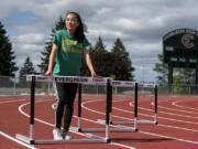 Evergreen High School senior hurdler Grace Twiss takes a break at her school?s track Monday afternoon, May 23, 2022.