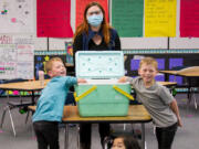 Elementary students in Woodland learned about Pacific gray whales with in-classroom lessons, hands-on activities, and experiments taught by Field Educator Kelly McKenzie from the Columbia River Maritime Museum in Astoria, Ore.