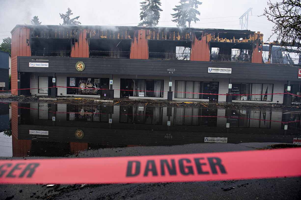 A two alarm fire heavily damages a building at the Interstate Business Center in Hazel Dell, as seen on Wednesday morning, May 25, 2022.