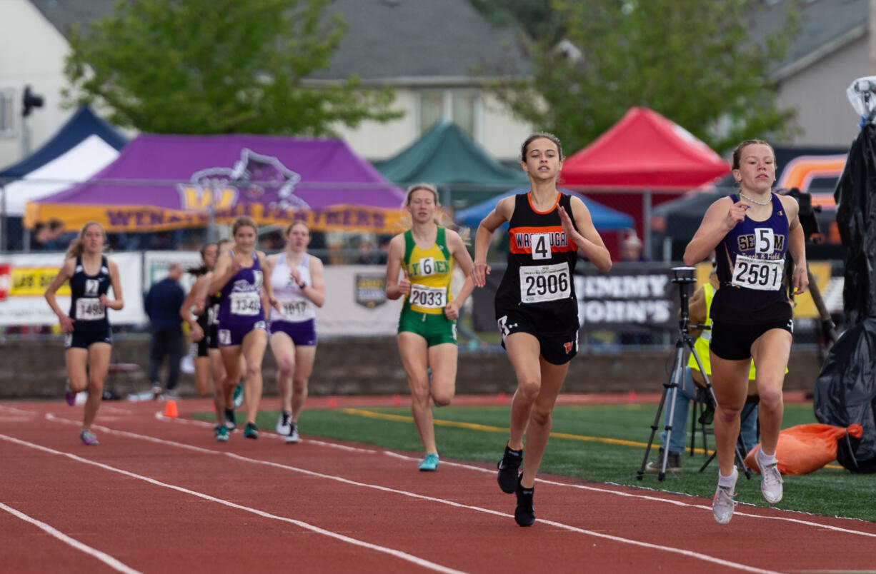 Washougal's Jamie Maas strides toward the finish in the 2A Girls 800 at the 4A/3A/2A State Track and Field Championships on Friday, May 27, 2022, at Mount Tahoma High School in Tacoma.