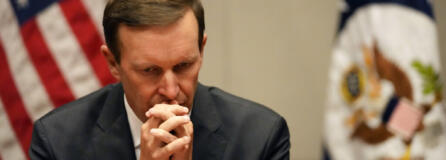 U.S. Senator Chris Murphy (D-CT) listens to a question during a press conference in the U.S. embassy in Belgrade, Serbia, Tuesday, April 19, 2022. A U.S. Senate delegation on Tuesday urged Serbia to join the rest of Europe and impose sanctions against Russia for its bloody carnage in Ukraine. Although Serbia voted in favor of three UN resolutions condemning the Russian aggression against Ukraine, it has not joined international sanctions against Moscow.