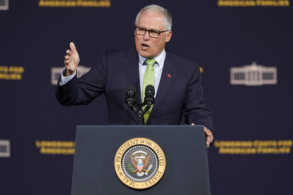 Washington Gov. Jay Inslee speaks Friday, April 22, 2022, at an event with President Joe Biden at Green River College in Auburn, Wash., south of Seattle. (AP Photo/Ted S.