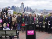 Washington Gov. Jay Inslee speaks Tuesday, May 3, 2022, at a rally at a park overlooking Seattle. Inslee said that Washington state would remain a pro-choice state and that women would continue to be able to access safe and affordable abortions. (AP Photo/Ted S.