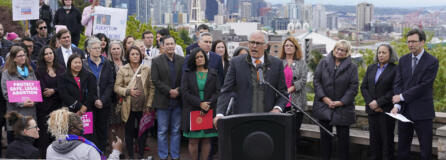 Washington Gov. Jay Inslee speaks Tuesday, May 3, 2022, at a rally at a park overlooking Seattle. Inslee said that Washington state would remain a pro-choice state and that women would continue to be able to access safe and affordable abortions. (AP Photo/Ted S.