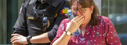 A woman cries as she leave the Uvalde Civic Center following a shooting earlier in the day at Robb Elementary School, Tuesday, May 24, 2022, in Uvalde, Texas.