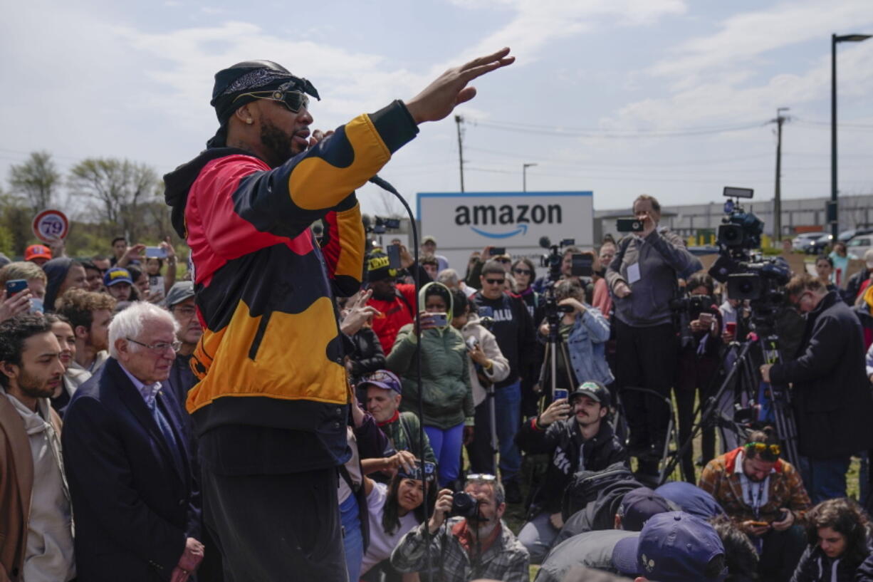 FILE - Christian Smalls, president of the Amazon Labor Union, speaks at a rally outside an Amazon facility on Staten Island in New York, Sunday, April 24, 2022. Amazon and the nascent group that successfully organized the company's first-ever U.S. union are headed for a rematch Monday, May 2, 2022, when a federal labor board will tally votes cast by warehouse workers in yet another election on Staten Island.