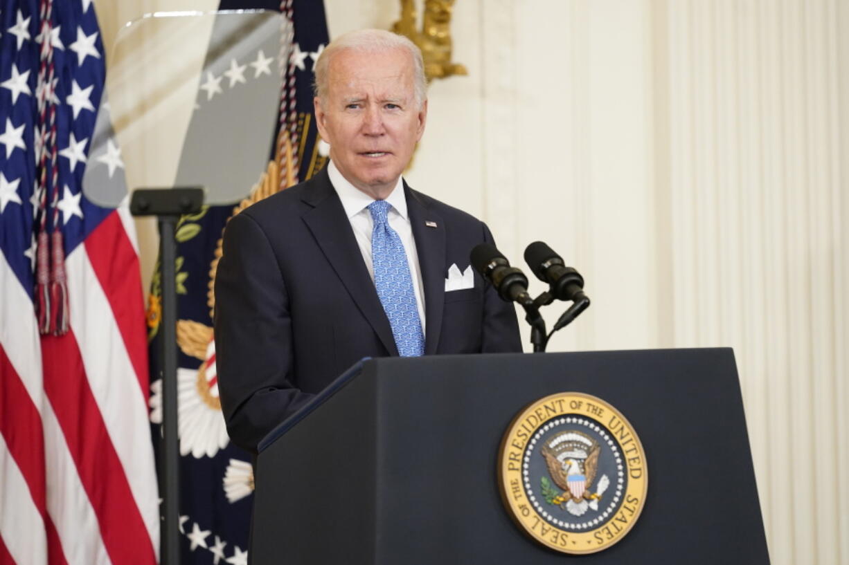 President Joe Biden speaks before presenting Public Safety Officer Medal of Valor awards to fourteen recipients, during an event in the East Room of the White House, Monday, May 16, 2022.