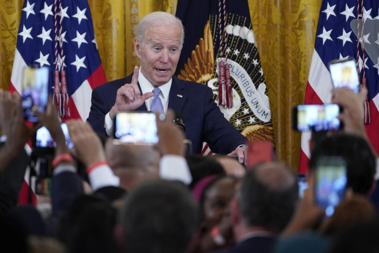 President Joe Biden speaks during a reception to celebrate Eid al-Fitr in the East Room of the White House in Washington, Monday, May 2, 2022.