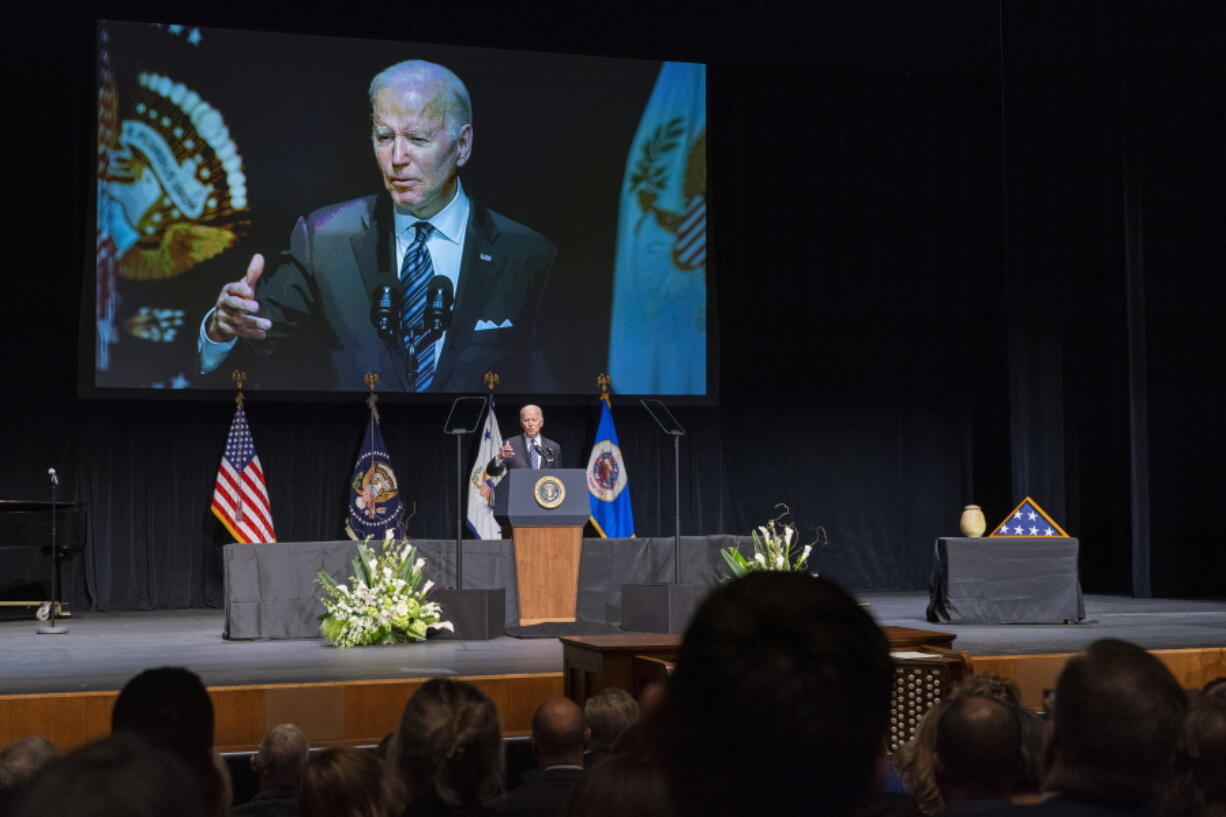 President Joe Biden speaks at the memorial service for former Vice President Walter Mondale, Sunday, May 1, 2022, at the University of Minnesota in Minneapolis.