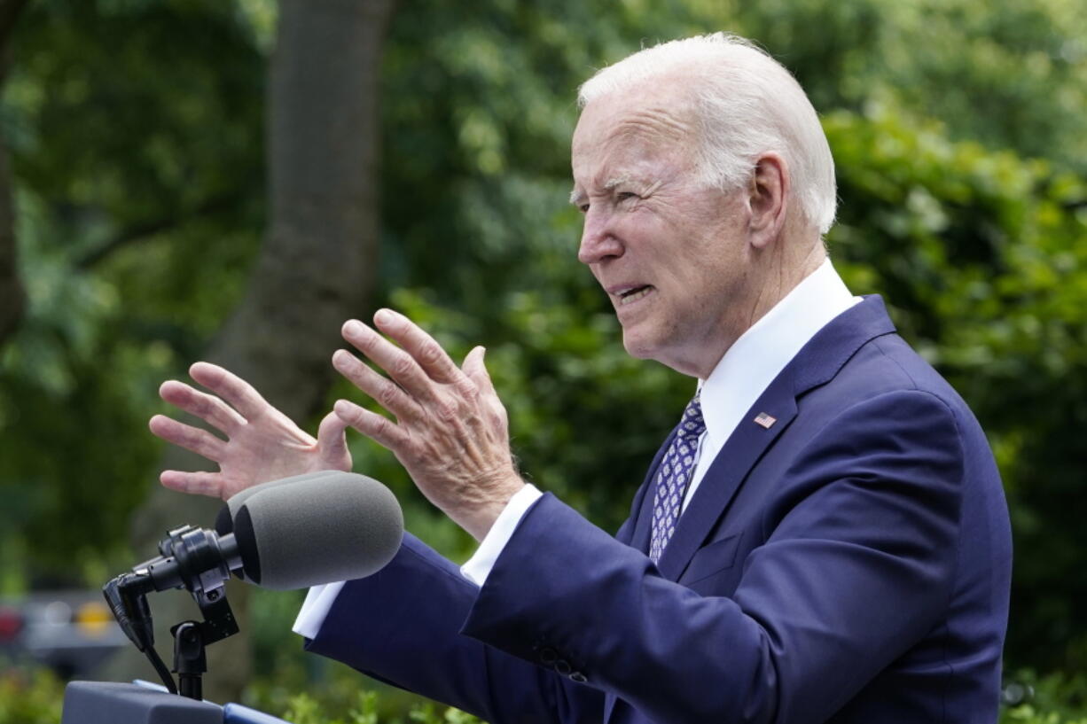 President Joe Biden speaks in the Rose Garden of the White House in Washington, Tuesday, May 17, 2022. Biden's six-day trip to South Korea and Japan aims to build rapport with the Asian nations' leaders. Biden will also be trying to send an unmistakable message to China that Russia's faltering invasion of Ukraine should give Beijing pause about its own saber-rattling in the Pacific. Biden departs Thursday and is set to meet newly elected South Korean President Yoon Suk Yeol and Japanese Prime Minister Fumio Kishida.