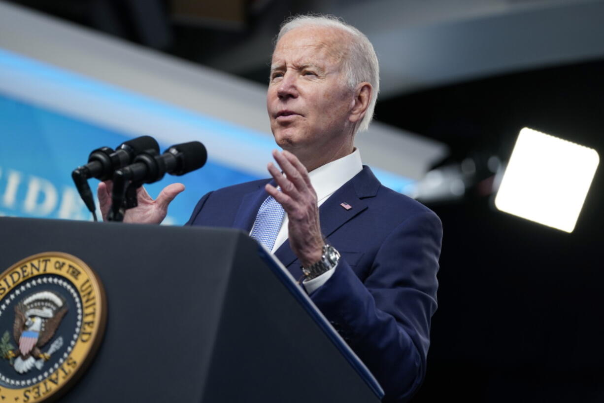 President Joe Biden speaks in the South Court Auditorium on the White House campus, Monday, May 2, 2022, in Washington. Biden plans to highlight deficit reduction in Wednesday remarks at the White House.