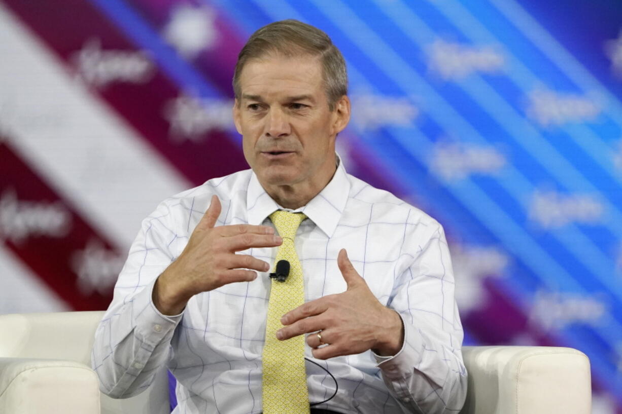 FILE - Rep. Jim Jordan, R-Ohio, takes part in a discussion at the Conservative Political Action Conference (CPAC) Feb. 26, 2022, in Orlando, Fla. Texting with then-White House chief of staff Mark Meadows, a close ally and friend, at nearly midnight on Jan. 5, 2021, Jordan offered a legal rationale for what President Donald Trump was publicly demanding -- that Vice President Mike Pence, in his ceremonial role presiding over the electoral count, somehow assert the authority to reject electors from Biden-won states.