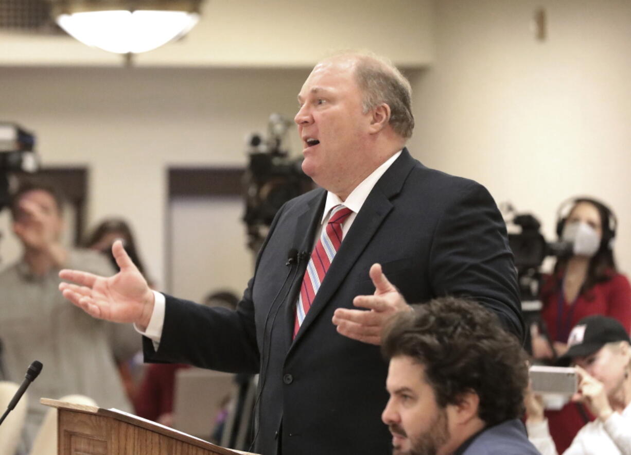 FILE - Michael Gableman delivers remarks to members of the Wisconsin Assembly elections committee at the State Capitol in Madison, Wis., March 1, 2022. Gableman has turned in two interim reports that did not include any evidence to show there was widespread fraud in the 2020 election won by President Joe Biden.