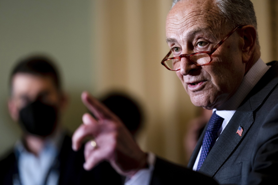 Senate Majority Leader Chuck Schumer, D-N.Y., meets with reporters at the Capitol in Washington, Wednesday, May 18, 2022. (AP Photo/J.