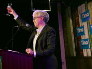 Democratic gubernatorial candidate Tina Kotek toasts her supporters after the results of Oregon's primary election are announced in Portland, Ore., Tuesday May 17, 2022. Kotek defeated Tobias Read to win the nomination.