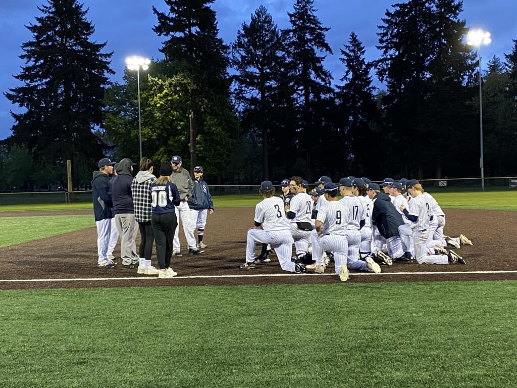 The Skyview Storm huddle postgame after a 2-0 win over Camas to clinch a 4A bi-district playoff spot.