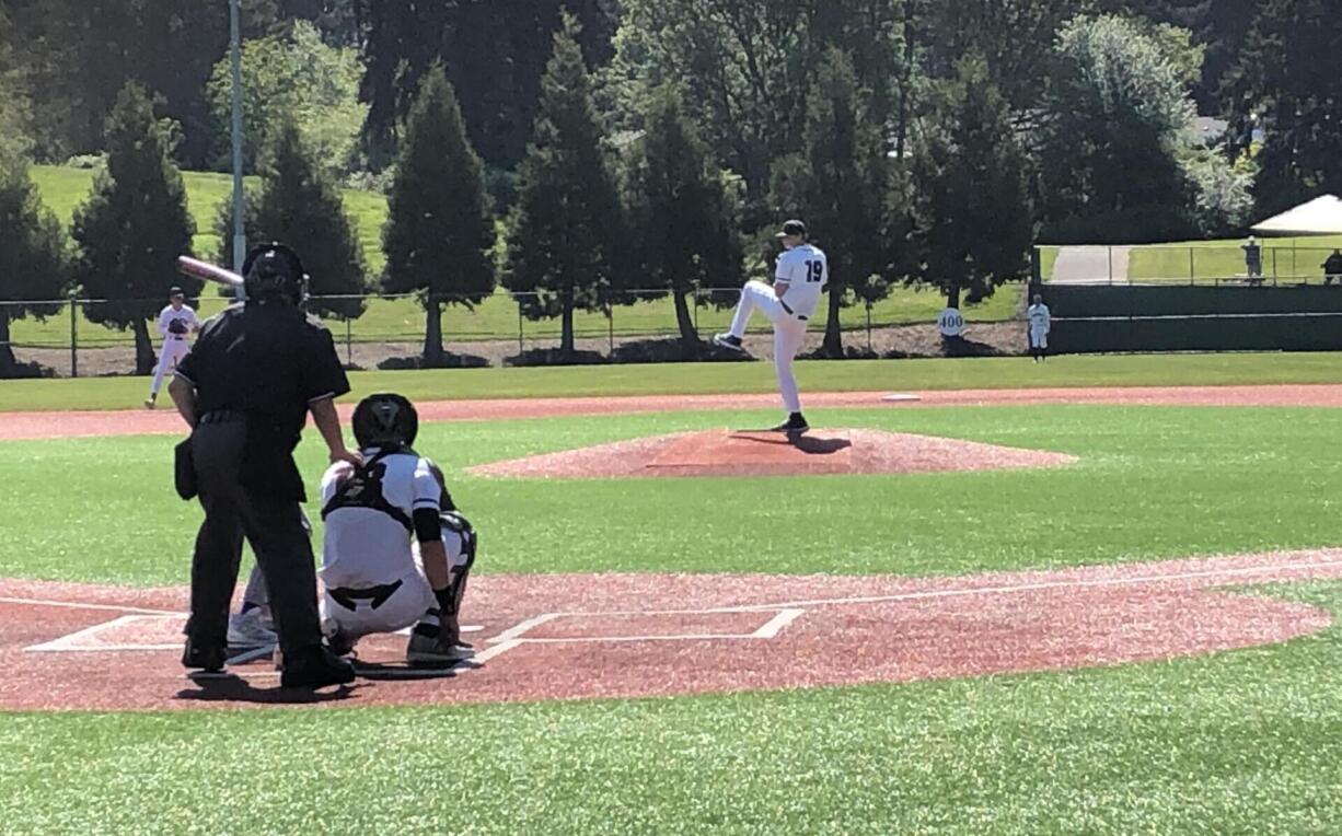 Camas starting pitcher Ethan Hubbell throws against Issaquah in the 4A state baseball regionals on Saturday in Lacey.