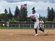 Skyview pitcher Maddie Milhorn throws against Battle Ground in the Class 4A state quarterfinals in Spokane on Friday, May 27, 2022.