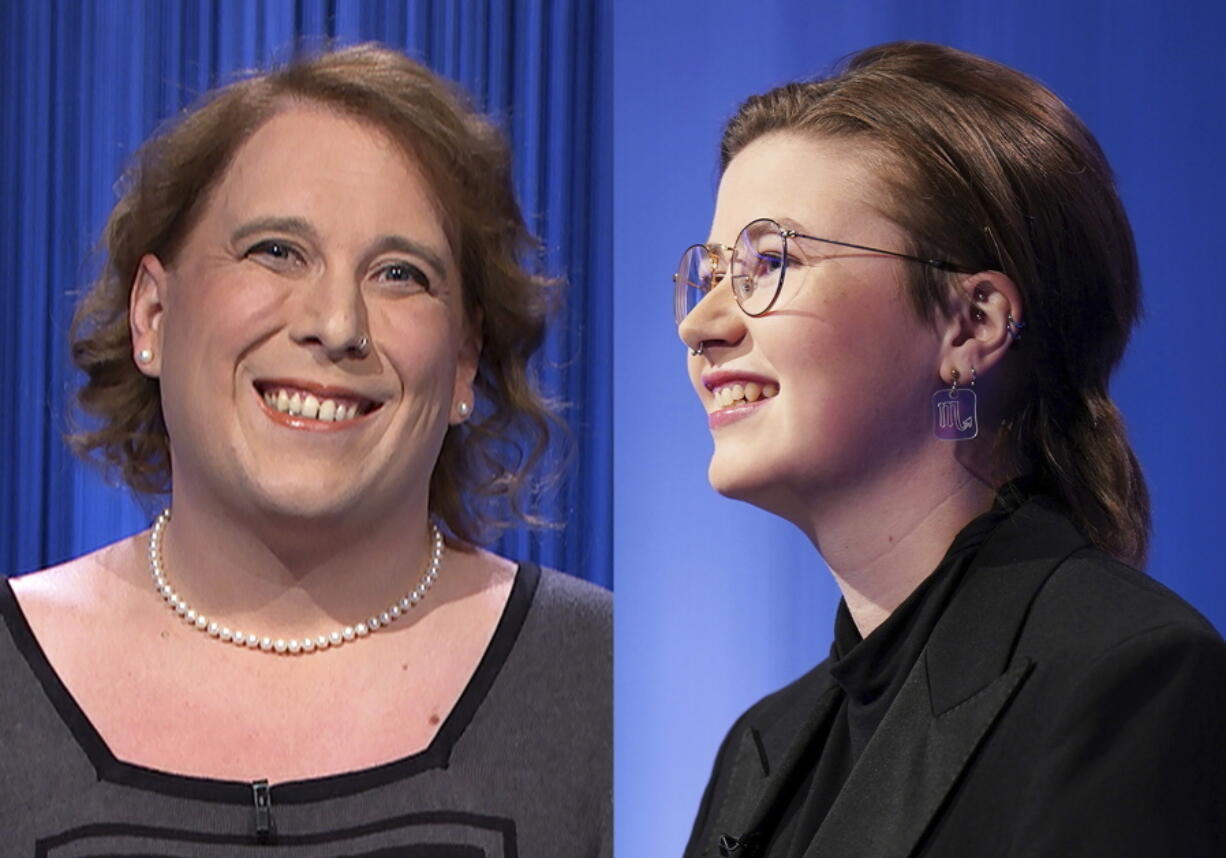 This combination of two separate photos shows contestants Amy Schneider, left, and Mattea Roach on "Jeopardy!" The game show has been enjoying an unusual run of super champs. Schneider and Roach were notable for their impressive breadth of knowledge, and they were rarely wrong.