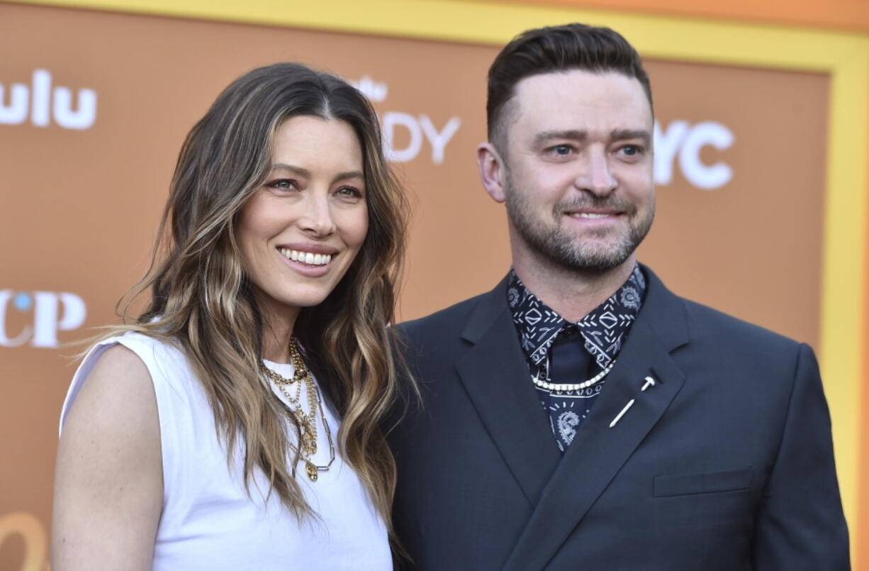 Cast member and executive producer Jessica Biel, left, arrives with her husband, Justin Timberlake, at the Los Angeles premiere of "Candy," on Monday, May 9, 2022 at El Capitan Theatre.