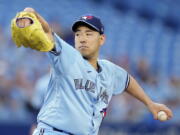 Toronto Blue Jays starting pitcher Yusei Kikuchi (16) allowed just one hit over six innings against his former team, the Seattle Mariners, on Monday in Toronto.