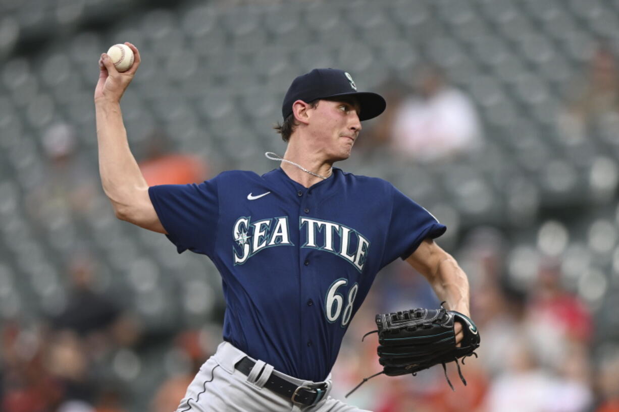 Seattle Mariners pitcher George Kirby throws against the Baltimore Orioles in the first inning of a baseball game Tuesday, May 31, 2022, in Baltimore.