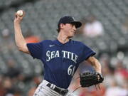 Seattle Mariners pitcher George Kirby throws against the Baltimore Orioles in the first inning of a baseball game Tuesday, May 31, 2022, in Baltimore.