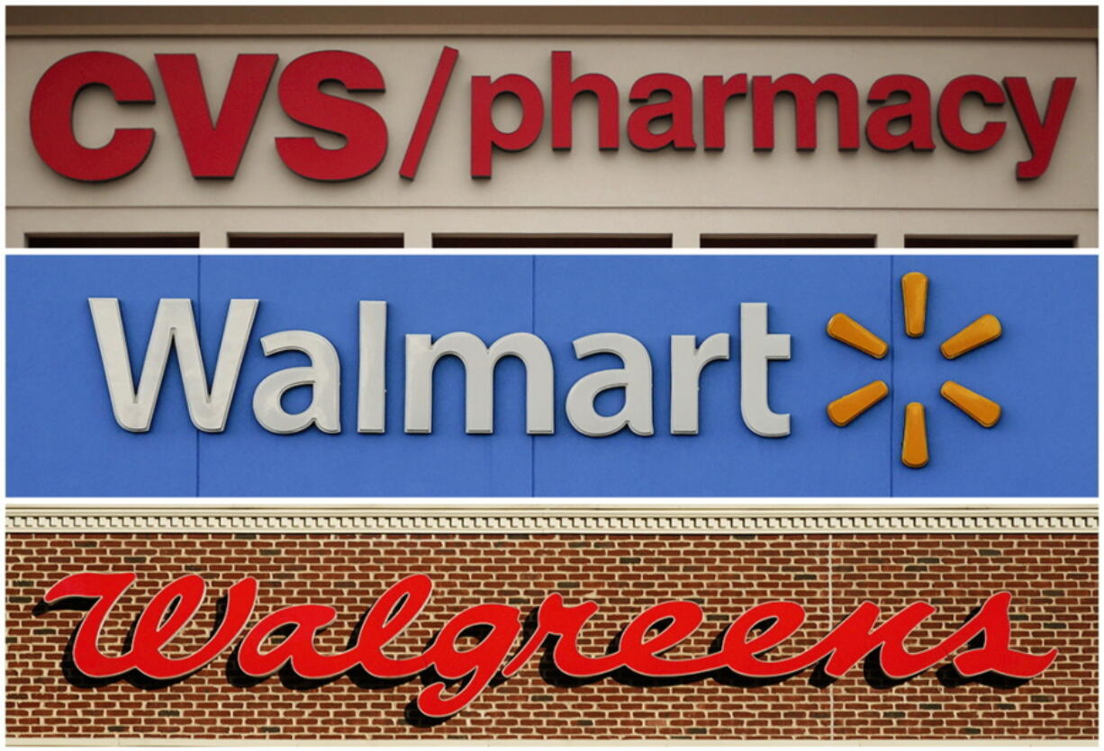 FILE - In this undated combination of photos shown are CVS, Walmart and Walgreens locations. A hearing will begin Tuesday, May 10, 2022, in federal court in Cleveland that will result in a judge determining how much CVSHealth, Walgreens Co. and Walmart Corp. should pay two northeast Ohio counties to help them abate the continuing opioid crisis. A jury in November 2021 concluded that the three pharmacy chains were responsible for damage wrought by the opioid epidemic in Lake and Trumbull counties.