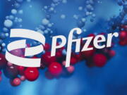 The Pfizer logo is displayed at the company's headquarters, Feb. 5, 2021, in New York. Sales of Pfizer's COVID-19 vaccine and treatment pushed the drugmaker well past expectations in the first quarter, as profit grew 61%.