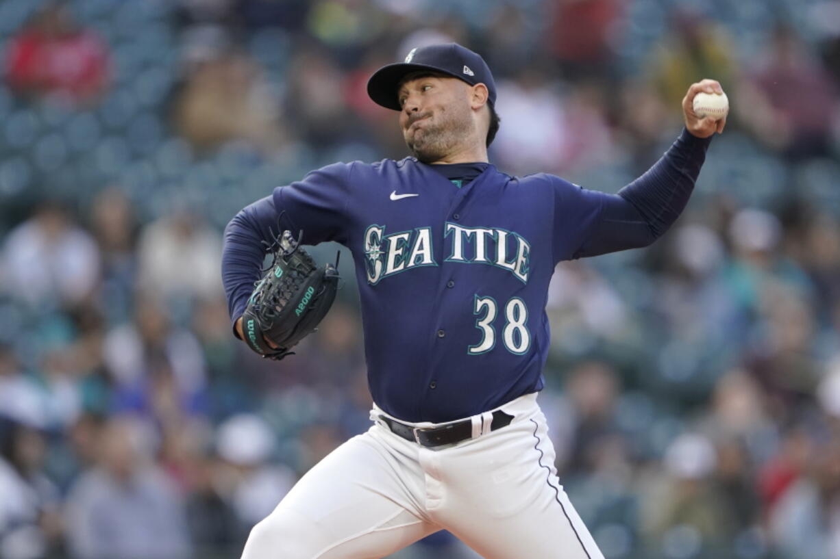 Seattle Mariners starting pitcher Robbie Ray throws against the Philadelphia Phillies during the first inning of a baseball game, Tuesday, May 10, 2022, in Seattle. (AP Photo/Ted S.