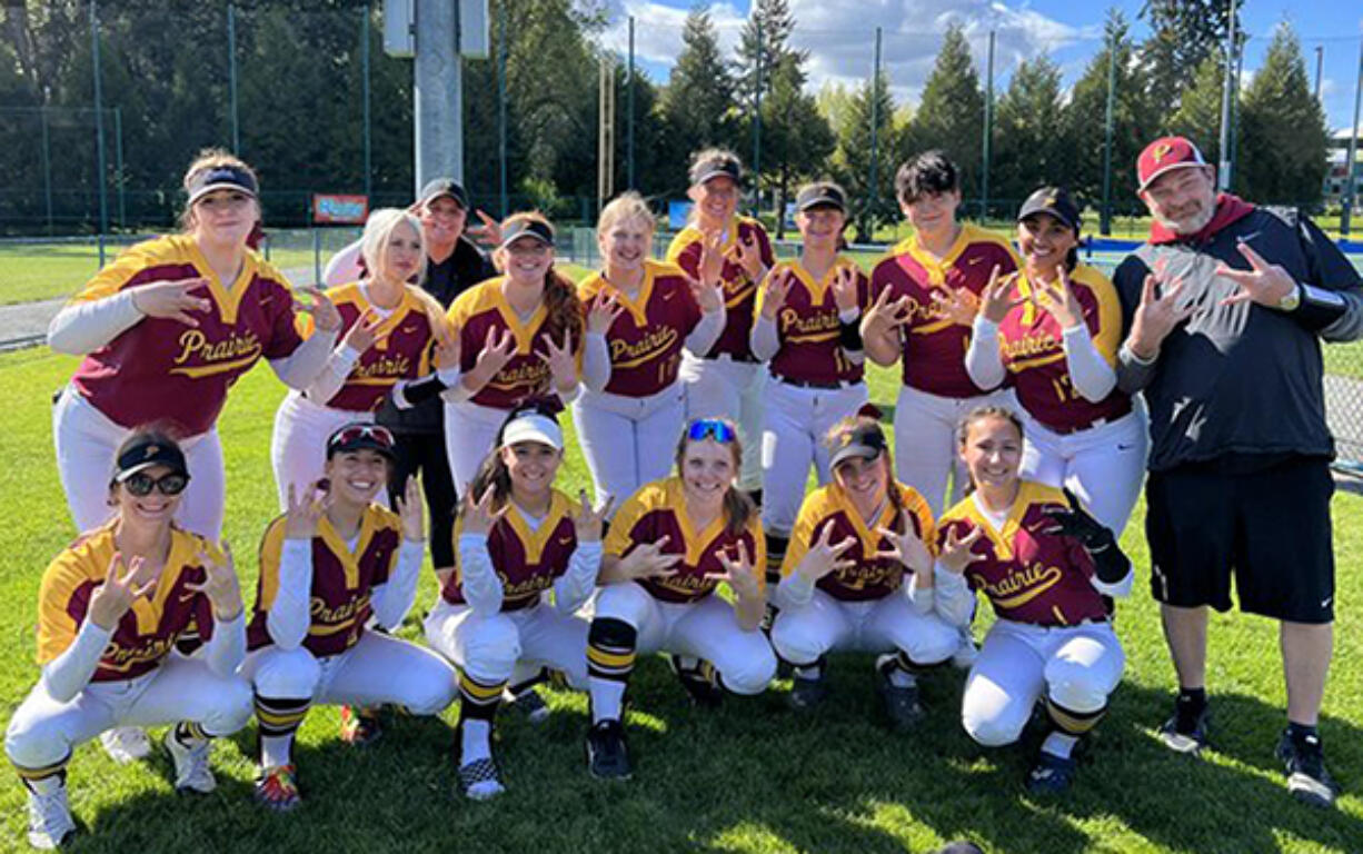 Prairie’s softball team after clinching a 3A state berth with a 10-0 win over Lakes on Thursday, May 19, 2022 at the 3A bi-district tournament in Lacey.