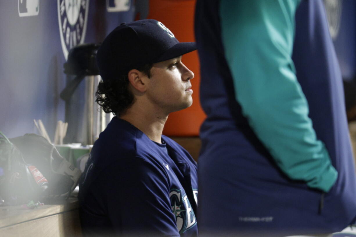 Seattle Mariners starting pitcher Marco Gonzales sits in the dugout after coming out of the baseball game during the sixth inning against the Tampa Bay Rays, Saturday, May 7, 2022, in Seattle.