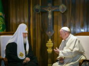 FILE -- In this Friday, Feb. 12, 2016 file photo, the head of the Russian Orthodox Church Patriarch Kirill, left, and Pope Francis talk during their meeting at the Jose Marti airport in Havana, Cuba. Pope Francis hasn't made much of a diplomatic mark in Russia's war in Ukraine as his appeals for an Orthodox Easter truce went unheeded and a planned meeting with the head of the Russian Orthodox Church was canceled.