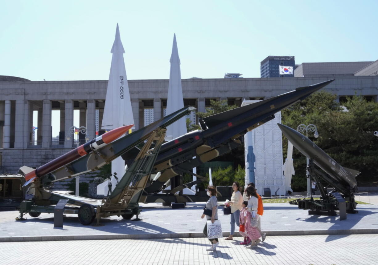 South Korean and U.S. missiles are displayed at Korea War Memorial Museum in Seoul, South Korea, Thursday, May 26, 2022. North Korea test-launched a suspected intercontinental ballistic missile and two shorter-range weapons toward its eastern waters Wednesday, South Korea said, hours after President Joe Biden ended a trip to Asia where he reaffirmed the U.S. commitment to defend its allies in the face of the North's nuclear threat.