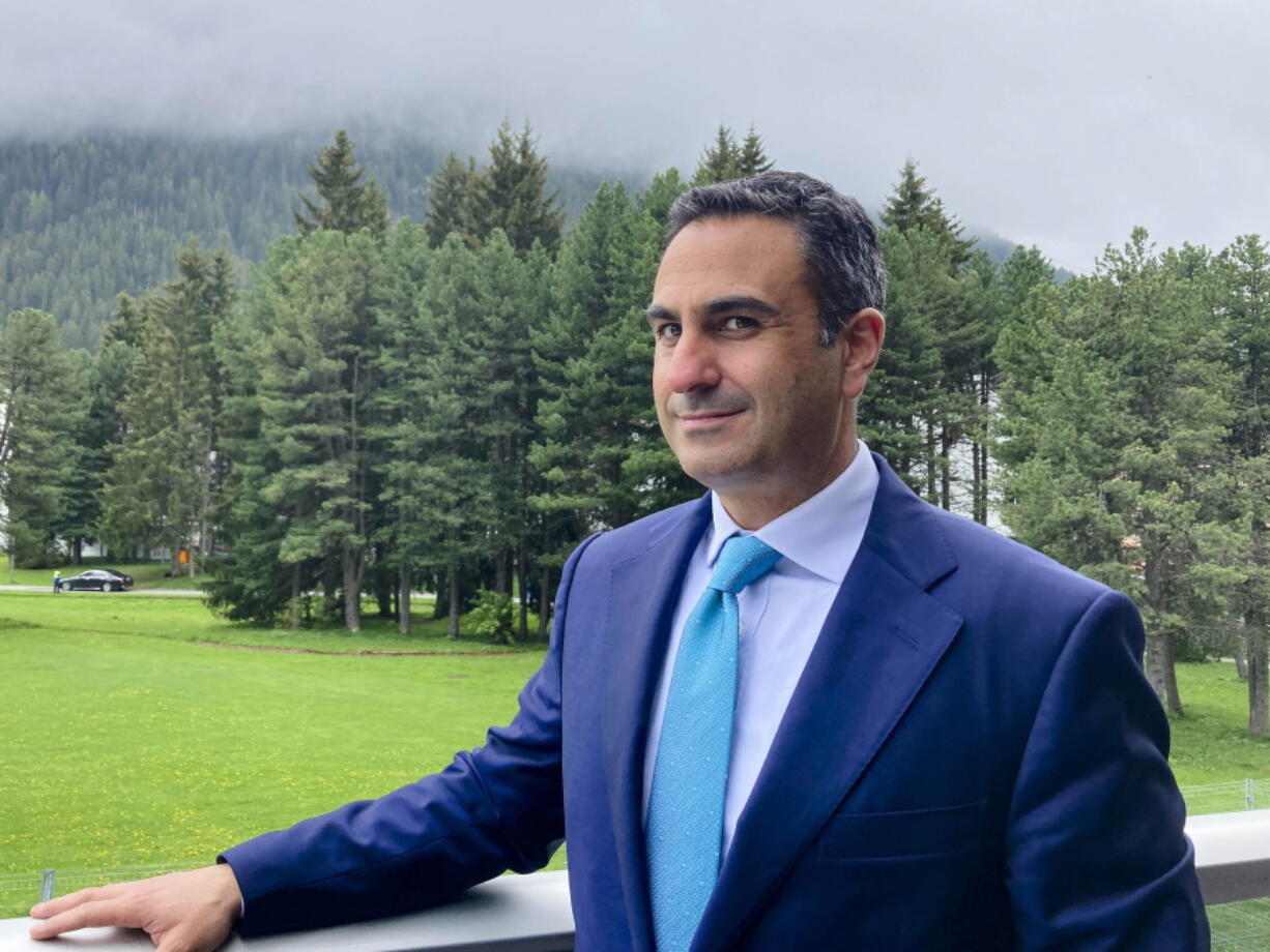 Hassan El Houry CEO National Aviation Services poses for a photo during an interview with The Associated Press at the World Economic Forum in Davos, Switzerland, Tuesday, May 24, 2022. The annual meeting of the World Economic Forum is taking place in Davos from May 22 until May 26, 2022.