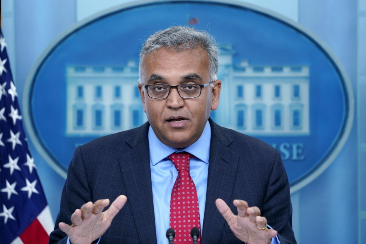 FILE - White House COVID-19 Response Coordinator Dr. Ashish Jha speaks during the daily briefing at the White House in Washington, April 26, 2022. Speaking to the Associated Press, Jha said Americans' immune protection from the virus is waning and the virus is adapting to be more contagious, and that booster doses for most people will be necessary -- with the potential for enhanced protection from a new generation of shots.