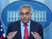 FILE - White House COVID-19 Response Coordinator Dr. Ashish Jha speaks during the daily briefing at the White House in Washington, April 26, 2022. Speaking to the Associated Press, Jha said Americans' immune protection from the virus is waning and the virus is adapting to be more contagious, and that booster doses for most people will be necessary -- with the potential for enhanced protection from a new generation of shots.