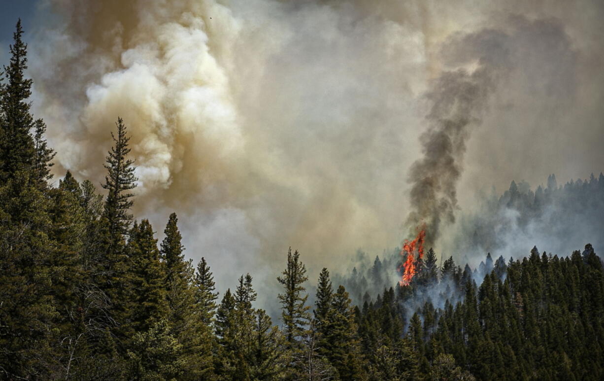 Fire rages along a ridgeline east of highway 518 near the Taos County line as firefighters from all over the country converge on Northern New Mexico to battle the Hermit's Peak and Calf Canyon fires on May 13, 2022.