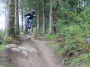 A youth division competitor in the Whatcom World Cup catches air shortly after embarking down the SST trail on Bellingham???s Galbraith Mountain.