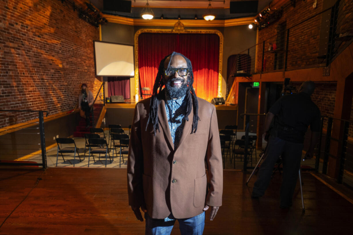 Tony Benton, station manager at Rainier Avenue Radio, on May 24, 2022, has seen the local media effort grow significantly in the wake of George Floyd???s murder, and the pandemic. His group hosted a discussion on Seattle redistricting in the Columbia City Theater, which they purchased and made their home.