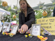 Young entrepreneur Lucy Hackett, 11, along with her mentor Casey Anderson, shows her painted birds and braiding skills at her business, Lucy's Lucky Birds and Braids, on Saturday at Esther Short Park.