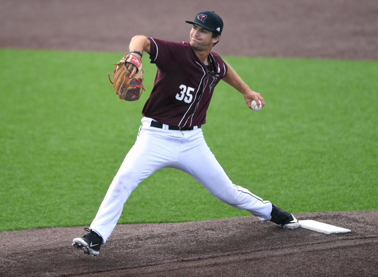 Raptors pitcher Ben Hart throws the ball Wednesday, June 1, 2022, during an exhibition game between the Ridgefield Raptors and the Cowlitz Black Bears at the Ridgefield Outdoor Recreation Complex.