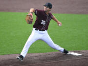 Raptors pitcher Ben Hart throws the ball Wednesday, June 1, 2022, during an exhibition game between the Ridgefield Raptors and the Cowlitz Black Bears at the Ridgefield Outdoor Recreation Complex.