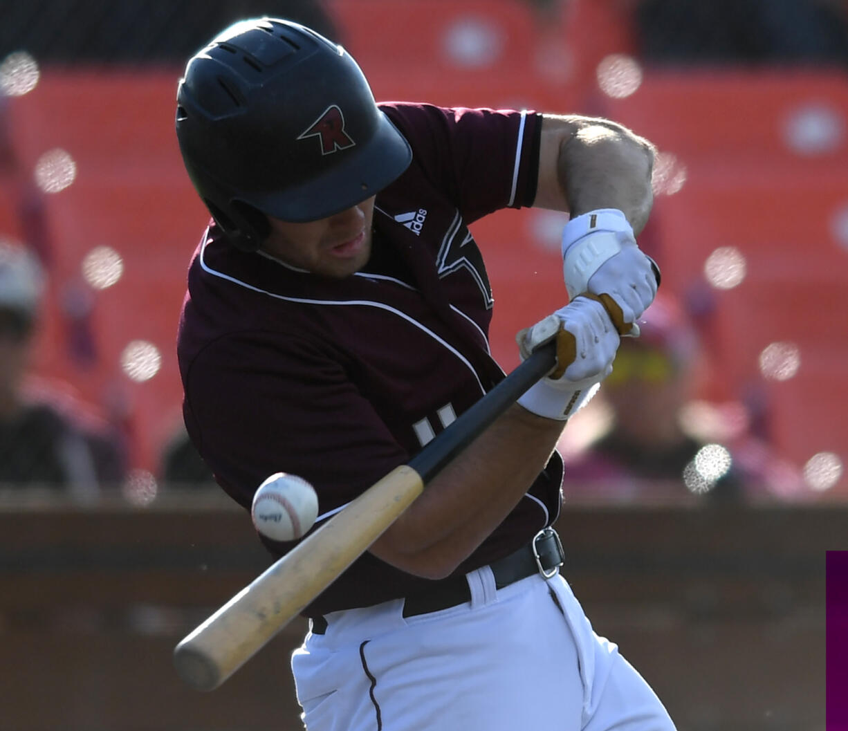 Raptors batter Doyle Kane fouls off a pitch Tuesday, June 14, 2022, during a Raptors game against the Edmonton Riverhawks at the Ridgefield Outdoor Recreation Complex.