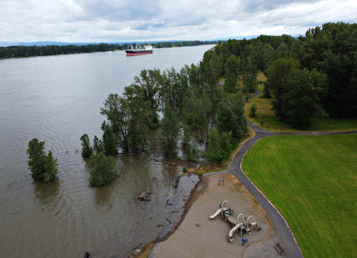 The Columbia River swamps parts of Frenchman's Bar Regional Park on Monday as the river, swollen with snowmelt and last week's heavy rains, reached flood stage in Vancouver.